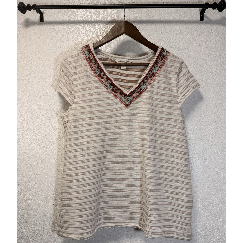 Coldwater Creek Women’s PM Petite Striped Cotton V Neck Embroidered Boho Top